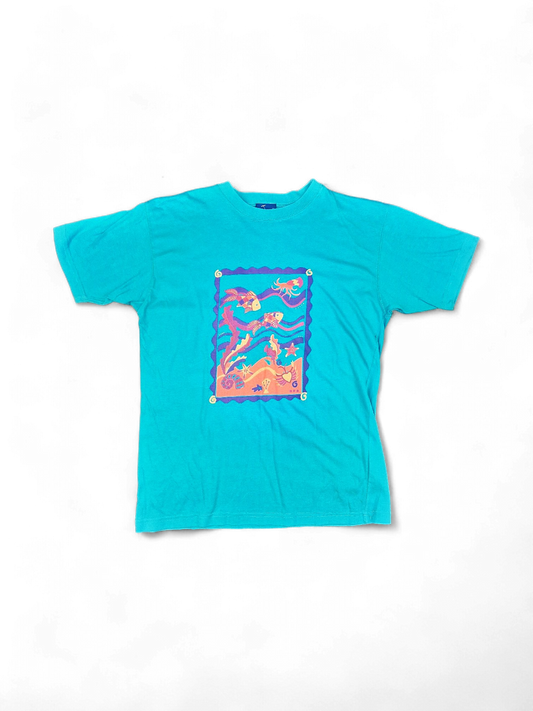 Vintage Teal Cotton T-shirt with Colorful Sea Life Print