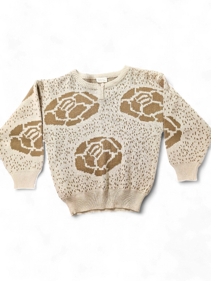 Vintage Rose Pattern Knit Sweater - Beige and Brown